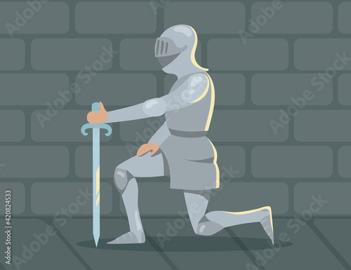 Knight standing on one knee owing allegiance. Medieval solder man person in heavy steel armor. Flat vector illustration. Chivalry, antique history, warrior oath concept