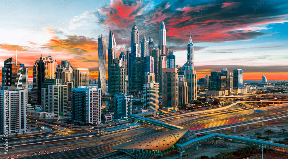 DUBAI ,UNITED ARAB EMIRATES-FEBRUARY Beautifull , Dubai downtown at the sunset, Dubai, United