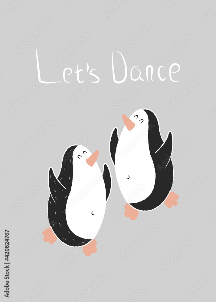 Obraz premium Gift card design Let's dance. A couple of penguins in love jump and dance. Postcard for a loved one, friend, family member. Poster for a children's room. Print for clothes, tableware, stationery, text