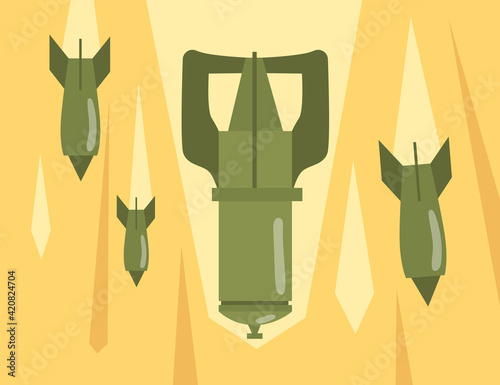 Retro bombs falling down. Explosive bomb dropping air strike attack. Flat vector illustration. War, military weapon, bombing concept