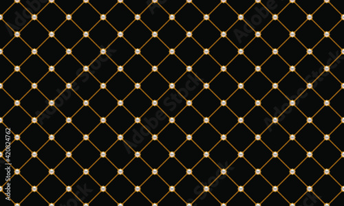 Luxury black background with golden chains and pearl beads. Seamless vector illustration. Upholstery background.