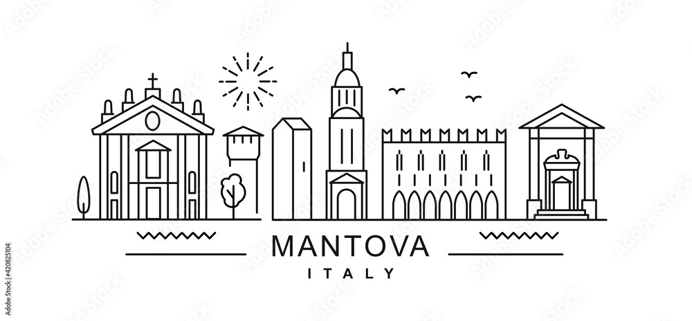 Mantova minimal style City Outline Skyline with Typographic. Vector cityscape with famous landmarks. Illustration for prints on bags, posters, cards. 