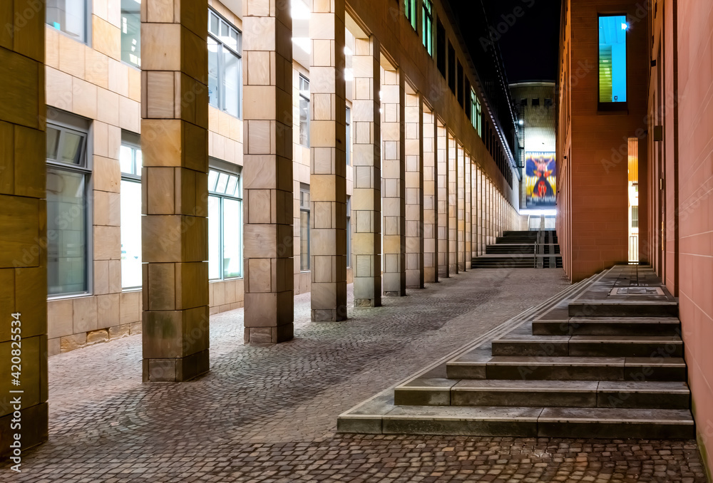 Modern passage with columns near Römerberg in Frankfurt am Main
