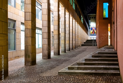 Modern passage with columns near Römerberg in Frankfurt am Main