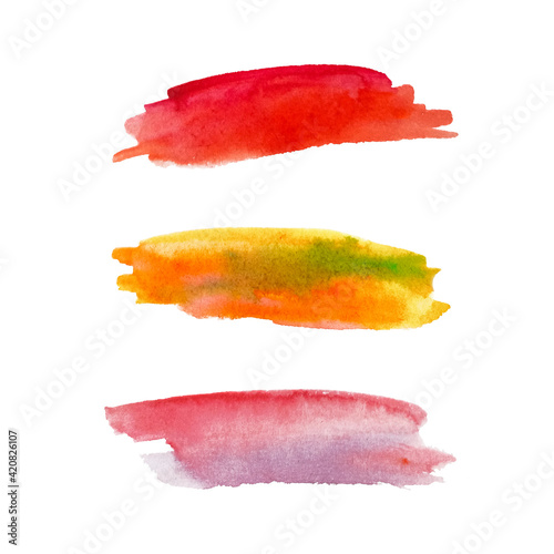 Set of watercolor stripes, colored abstract spots hand-drawn on grainy paper.Design elements in grunge style. Bright aquarelle tones on white background
