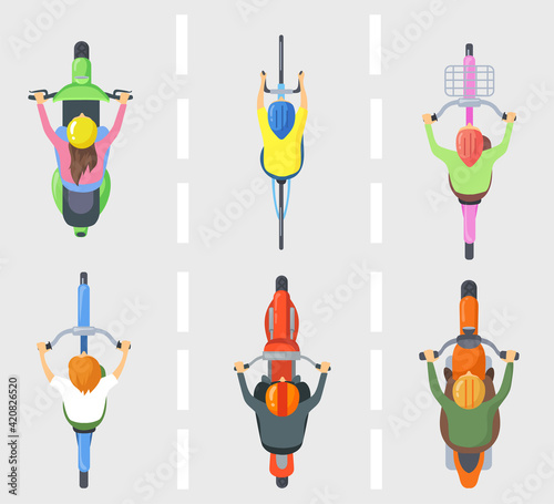 Top view of people on bicycles or bikes flat pictures set for web design. Above view of cartoon characters riding motorcycles isolated vector illustrations. Transportation and vehicles concept