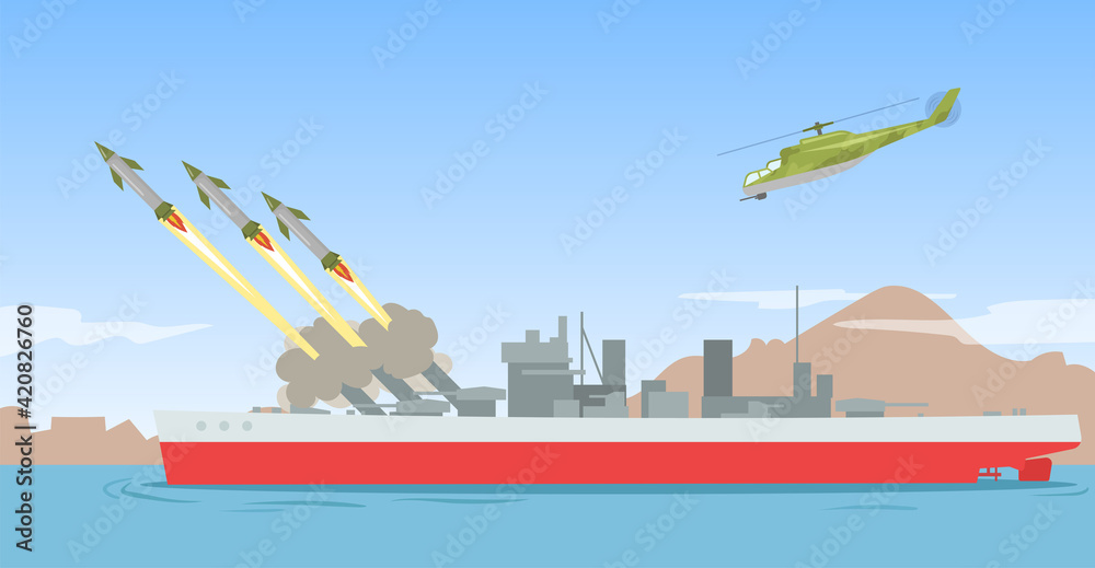 Warship shooting missile rockets. Military ship ballistic missile launch strike attack on sea. Flat vector illustration. Explosive warhead bomb navy weapon concept - obrazy, fototapety, plakaty 