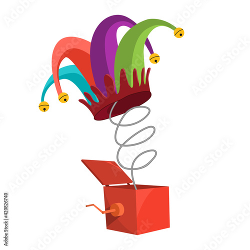 Jesters hat with purple, green, pink. Harley quinn hat with bells at the ends. Vector eps illustration.