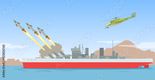 Warship shooting missile rockets. Military ship ballistic missile launch strike attack on sea. Flat vector illustration. Explosive warhead bomb navy weapon concept