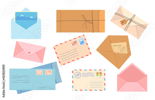 Stylish collection of different envelopes flat pictures for web design. Cartoon envelopes with mail, letters, stamps and handmade cards isolated vector illustrations. Post and mail service concept