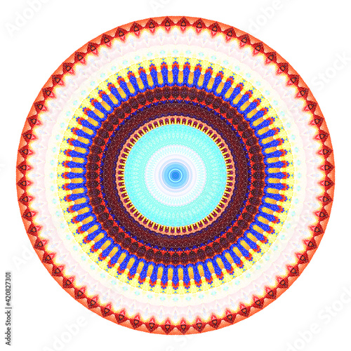 Creative multicolored points round symbol. Abstract symmetrical logo. Mosaic colorful beautiful beads. Circle dots modern pixel floral art icon. Colored pattern ornament wheel decorative illustration.