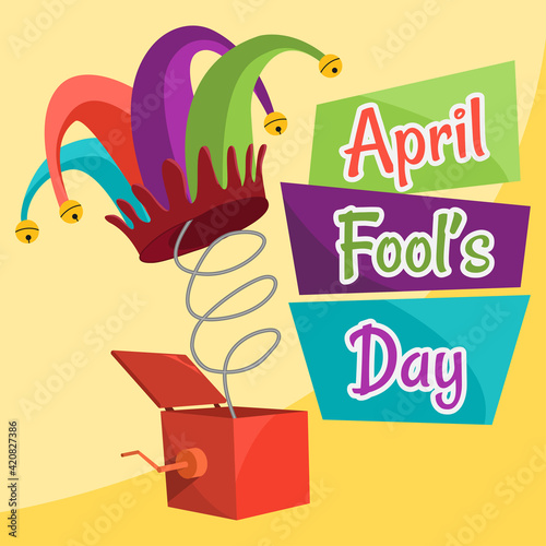 A banner on the theme of The Fools Day in April. A poster of Fools Day with a jesters hat. Vector eps illusrator. photo