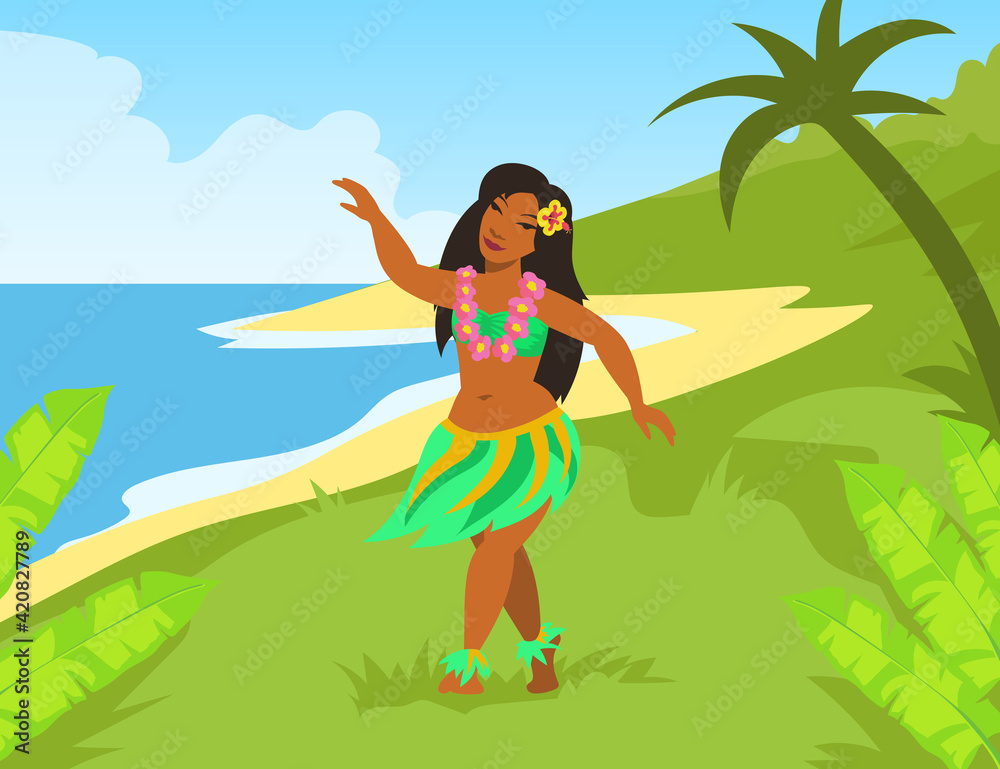Hawaiian woman in national costume dancing on seashore. Hawaii sea shore tropical nature. Flat vector illustration. Summer vacation travel resort concept