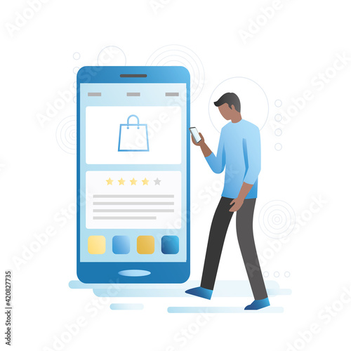Man in smartphone selects product, places an order for purchase in an online store on website, in an application. Shopping on Internet with reviews, recommendations, star rating.