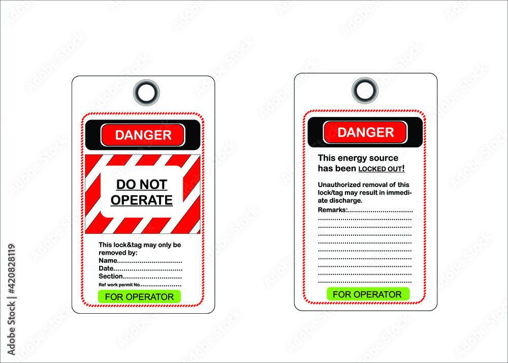 LOTO system. Lock tag locked safety danger lockout do not operate. Lock