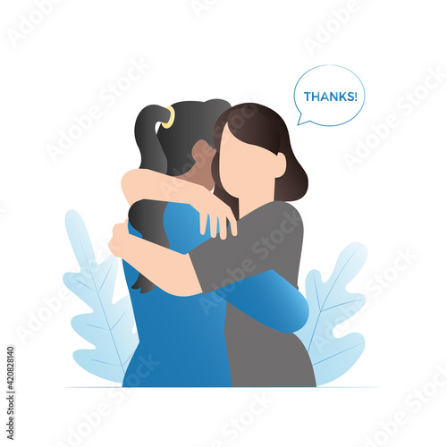Happy woman is grateful, says words of gratitude to another girl, hugs her, calms, helps, and supports. People have romantic relationships. Happy holiday, hug day. Embrace.