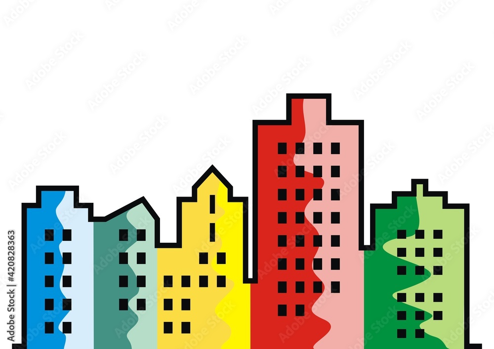 Multicolored town, vector illustration. Silhouette of colorful houses. Colored plasters on facades, black contour. Modern living in the city.