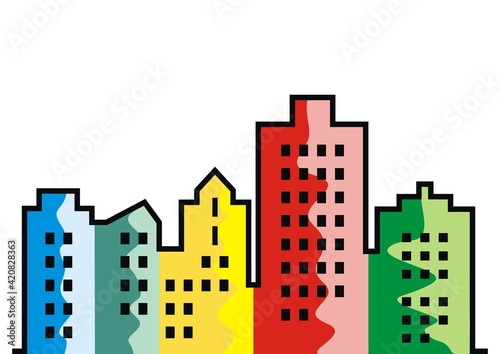 Multicolored town, vector illustration. Silhouette of colorful houses. Colored plasters on facades, black contour. Modern living in the city.
