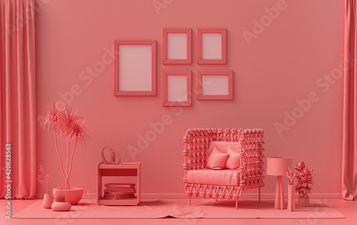 Flat color interior room for poster showcase with 5 frames  on the wall, monochrome light pink, pinkish orange color gallery wall with furnitures and plants. 3D rendering photo