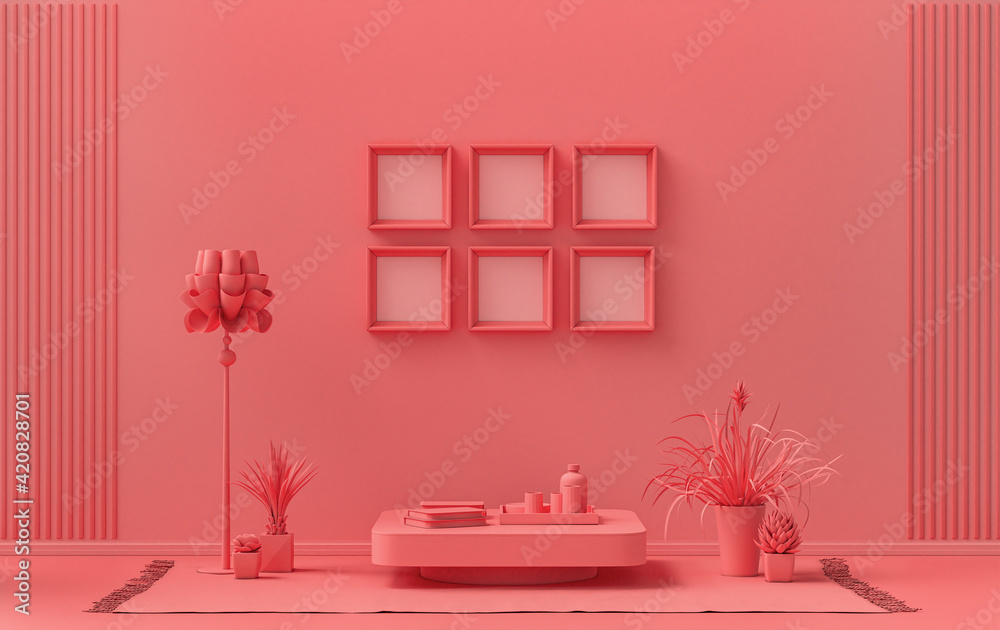 Mock-up poster gallery wall with six frames in solid pastel light pink, pinkish orange room with furnitures and plants, 3d Rendering Mock-up poster gallery wall with six frames in solid pastel light pink, pinkish orange room with furnitures and plants, 3d Rendering