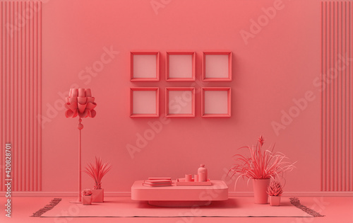 Mock-up poster gallery wall with six frames in solid pastel light pink  pinkish orange room with furnitures and plants  3d Rendering