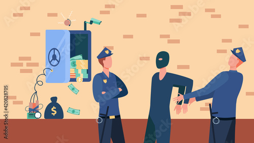 Police officers arresting bank safe robber man. Policemen catching thief flat vector illustration. Security, robbery crime concept for banner, website design or landing web page