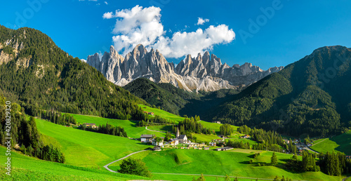 Fotografiet Famous best alpine place of the world, Santa Maddalena village with magical Dolo