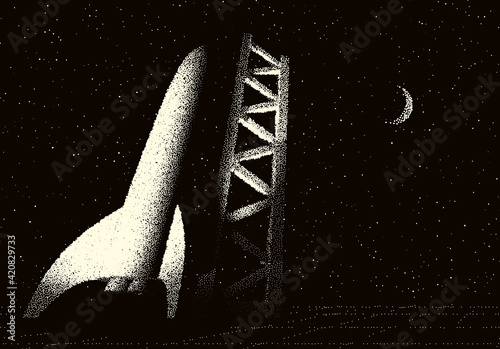 Space rocket ready to start on launching site. Spaceship takeoff countdown illustration with retro dotwork style