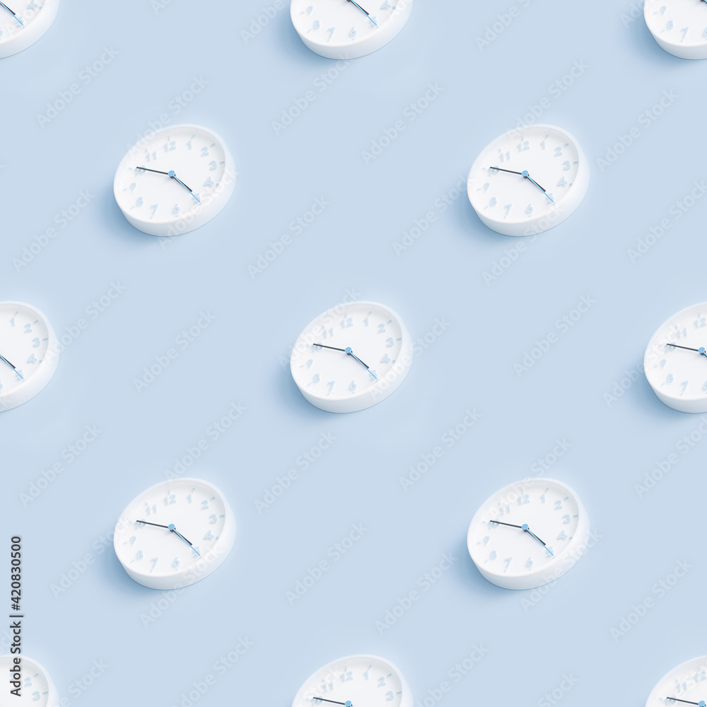 Naklejka premium Seamless pattern with minimalistic round white wall clock on a light blue empty background. Time concept. Trendy picture.