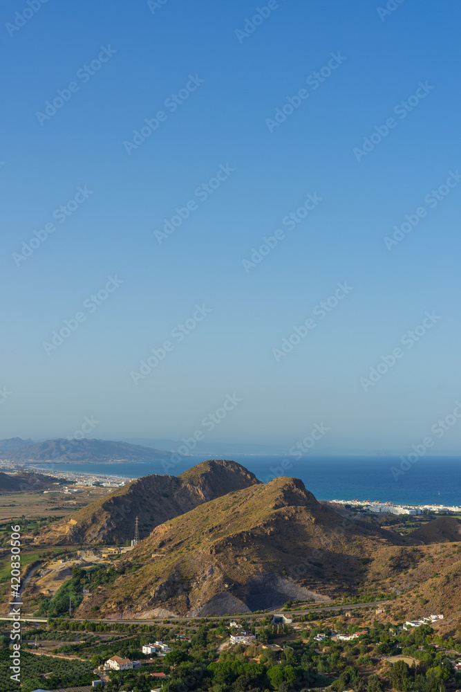 Costa de Mojacar playa y Garrucha vista desde Mojacar Pueblo, desde mirador. Costa Almería, España
