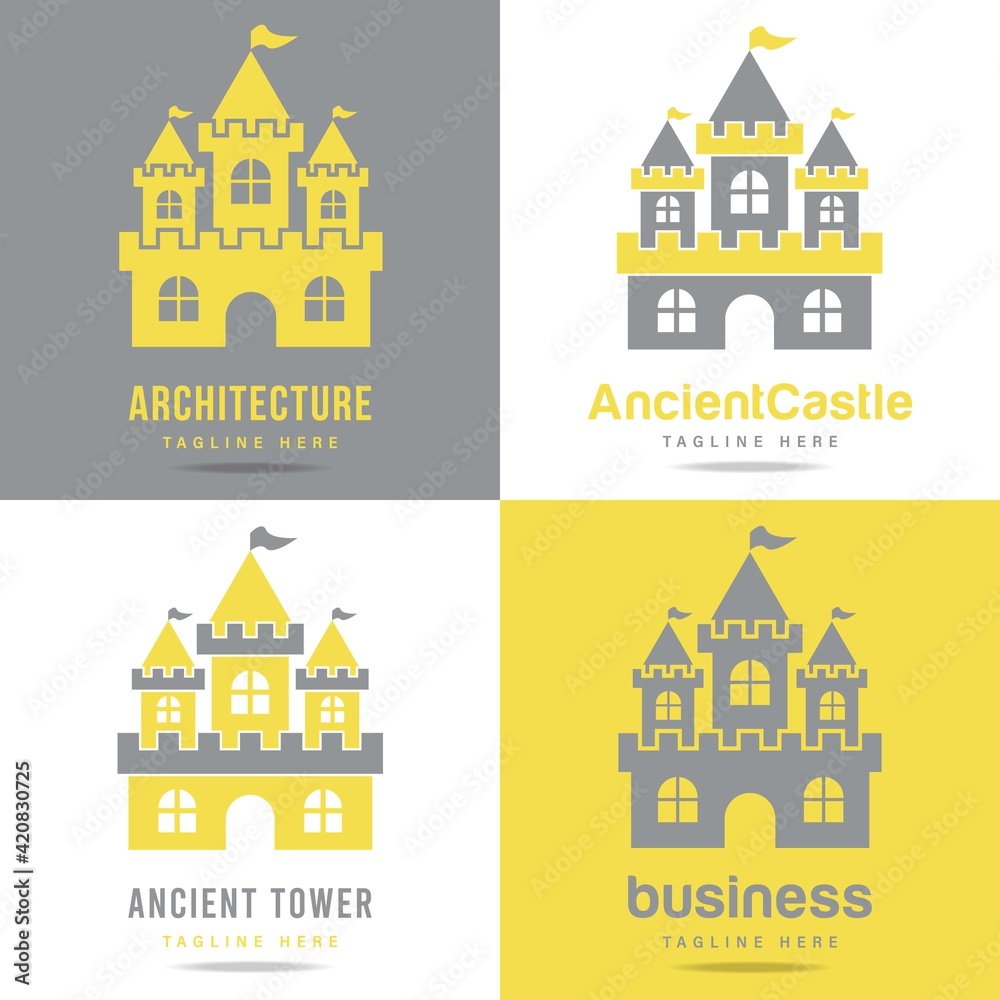 Vector logo set ancient castle,sign old history architecture,icon medieval tower,logotype fortress.Design template brand art agency,app business company,application history game.Vector illustration