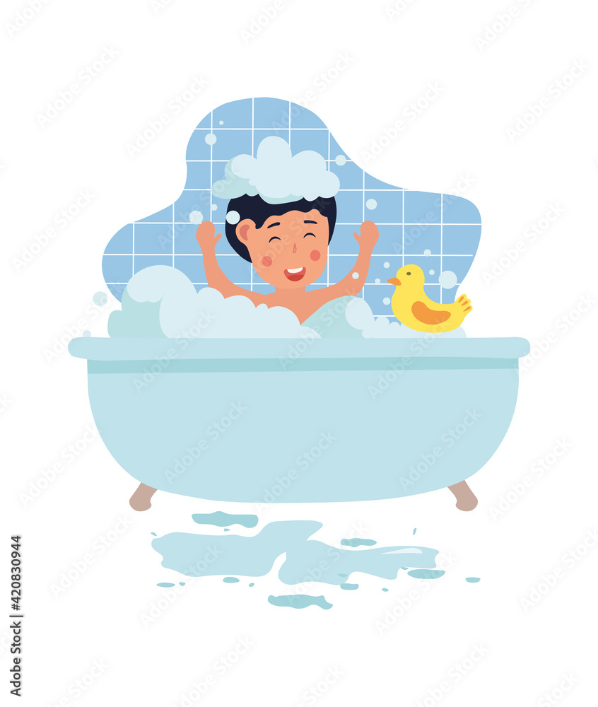 Naklejka premium Little cute kid is washing in bath