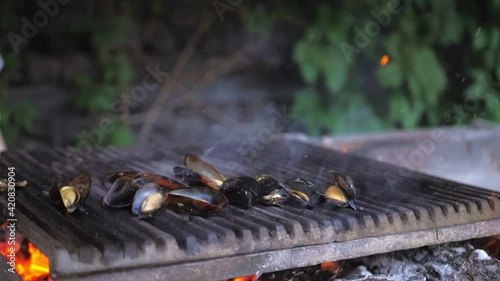 Fresh mussels grilled by chef in restaurant photo