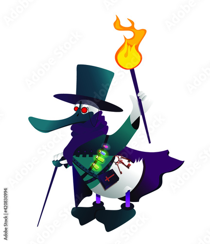 plague doctor duck with a torch on a white background.