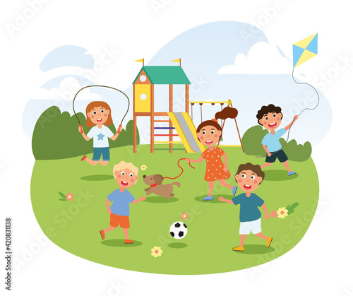 Cute little children are playing on the playground in park