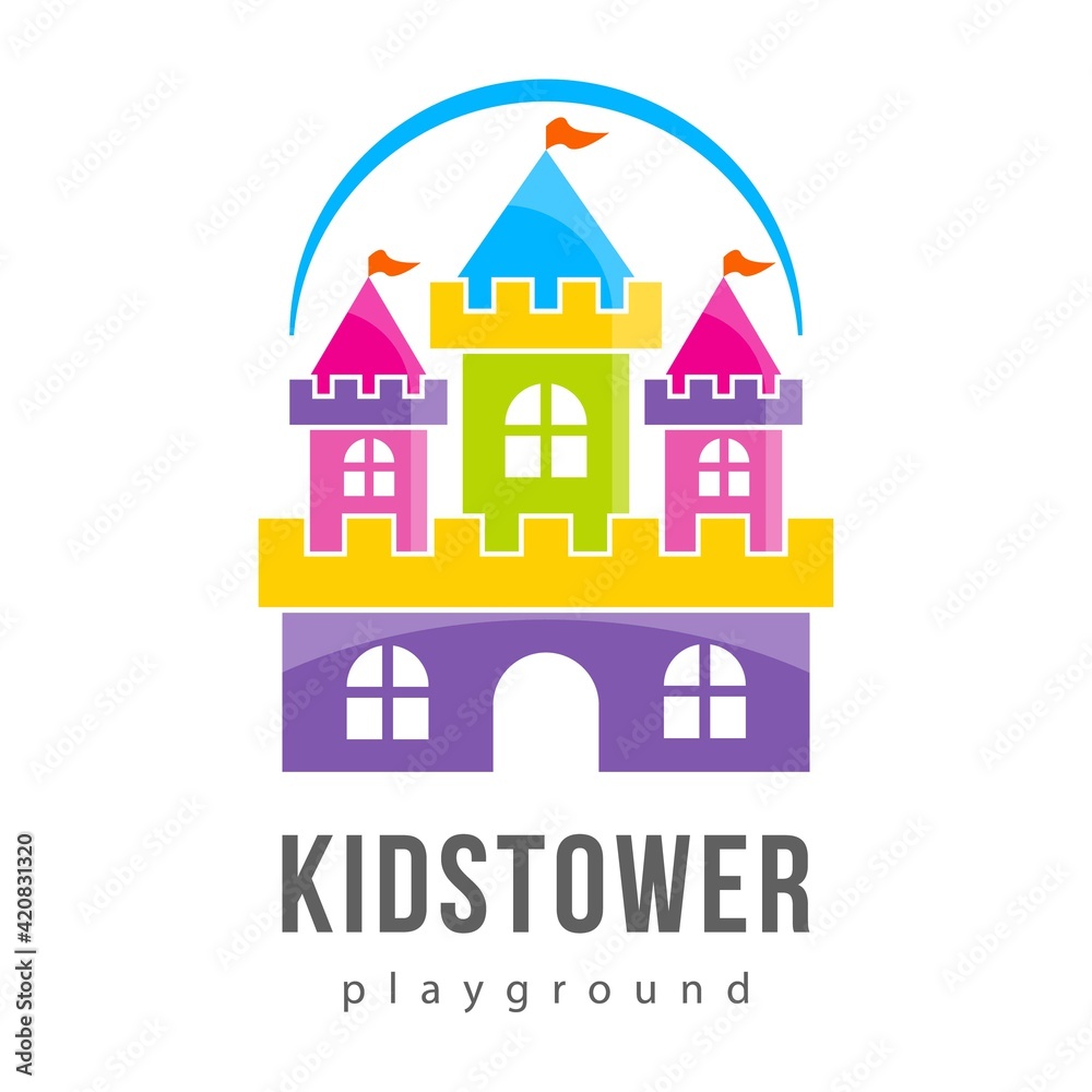 Abstract kids tower city logo playground, kids zone icon, king castle sign, bastion symbol with rainbow.Template bright logotype kids club, shop, wooden toys store, children play, baby center or park. Abstract kids tower city logo playground, kids zone icon, king castle sign, bastion symbol with rainbow.Template bright logotype kids club, shop, wooden toys store, children play, baby center or park.