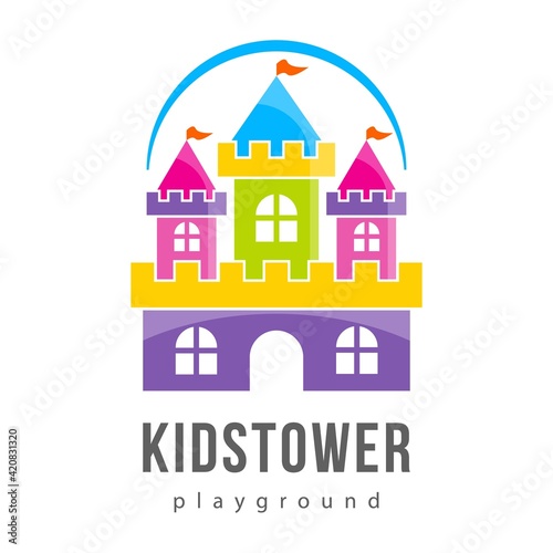 Abstract kids tower city logo playground, kids zone icon, king castle sign, bastion symbol with rainbow.Template bright logotype kids club, shop, wooden toys store, children play, baby center or park.