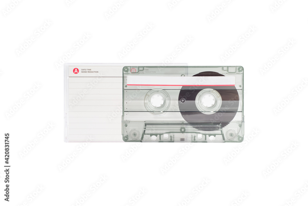 Fototapeta premium Transparent Cassette tape with Cassette tape case isolated on white background.