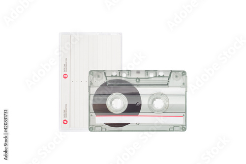 Transparent Cassette tape with Cassette tape case isolated on white background.
