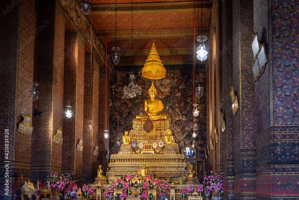 Bangkok. Thailand. Wat Pho, with few tourists in the Buddhist temple complex, which is also known as the Temple of the Reclining Buddha. 
