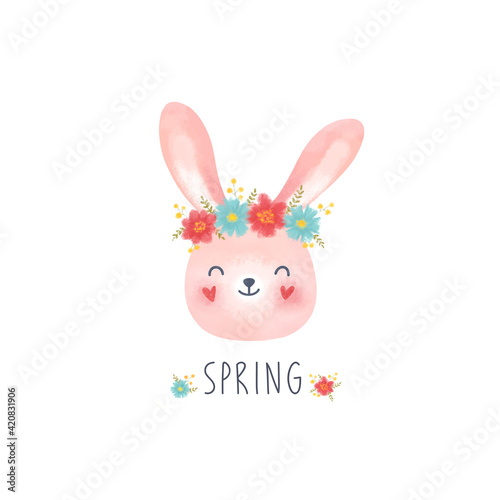 Cute face of a pink rabbit with flowers. Cartoon illustration for printing on a white background.