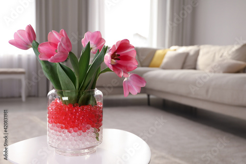 Fototapeta Naklejka Na Ścianę i Meble -  Different color fillers and tulips in glass vase on white table at home, space for text. Water beads