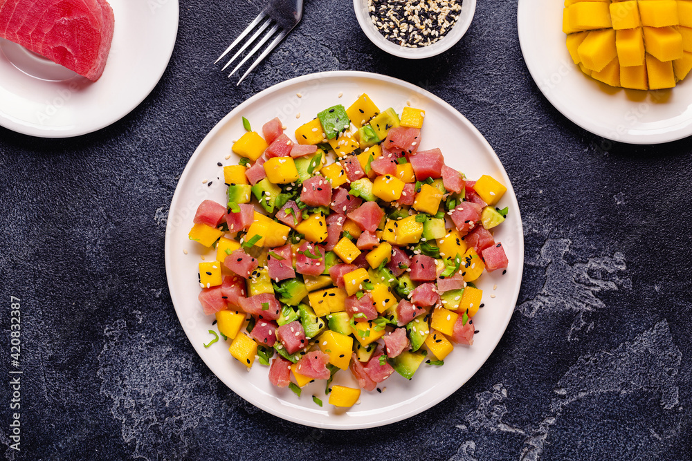 Tuna mango avocado salad tartare. Tuna mango avocado salad tartare.