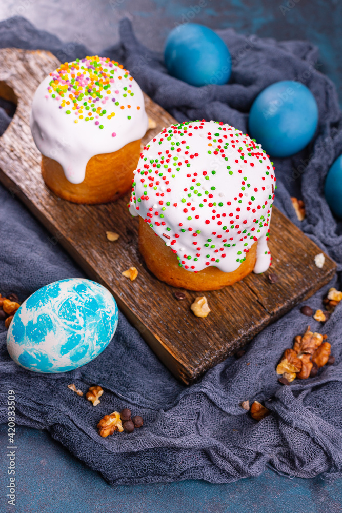 Easter cake dessert Easter eggs Holiday sweet treat on the table rustic meal top view copy space food background Easter cake dessert Easter eggs Holiday sweet treat on the table rustic meal top view copy space food background