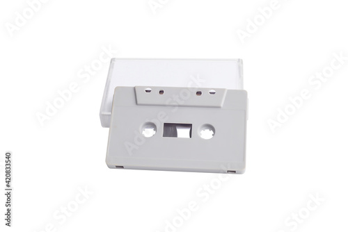 Cassette case and Cassette tape isolated on white background.	