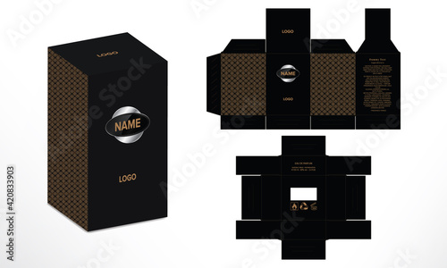 Packaging box design template layout with Box die line, 3d Box Mockup, icon, frames and Design elements, 3d Illustration, Vector design Template.