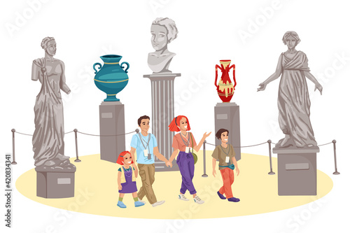 Family in the museum. Gallery with sculptures A family with children, tourists, going on a tour, with badges and headphones. Vector illustration