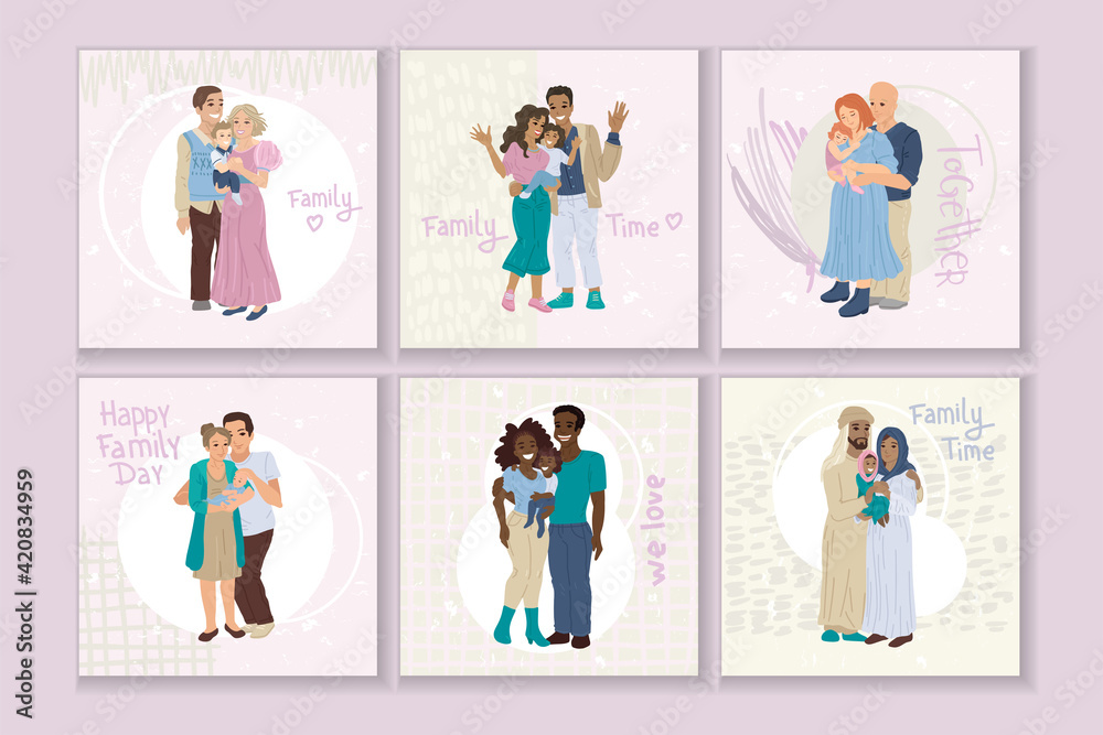 Family portraits, parents with children of different nationalities. Arab, African American, Mexican and European families. Set of square cards design.
