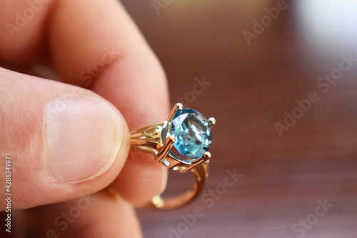 Gorgeous Blue Topaz Ring Close Up In Hand High Quality 
