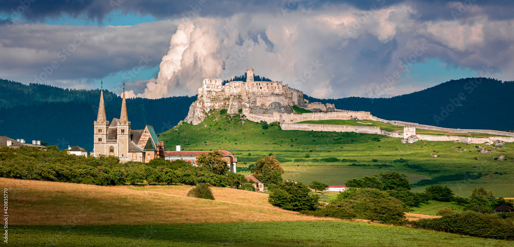 Spis castle and The Spis chapter at the sunset,Slovakia